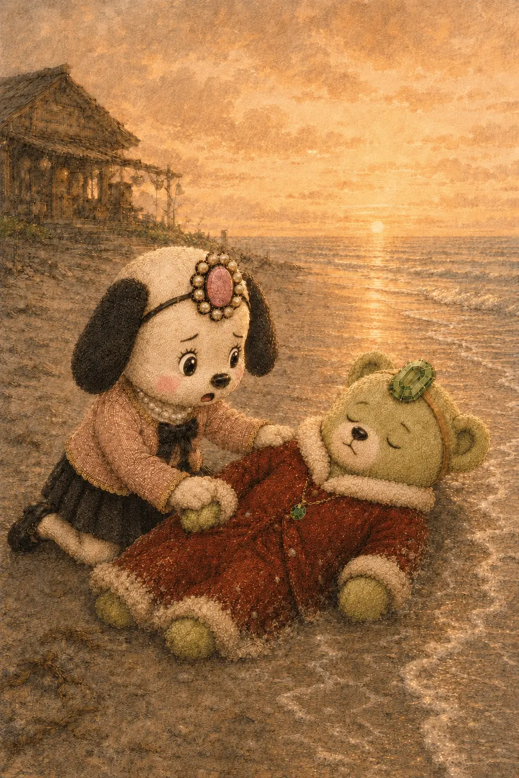 夕暮れの海辺で倒れているペロンを助けるミニスケ